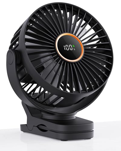 TUNISE Mini Clip on Fan, Battery Operated Desk Fan, Digital display，3 Speeds Adjustable, Bidirectional 360 ° Adjustable, Super Strong Wind, Portable Fan for Home Office Stroller Camping Black - color: Black