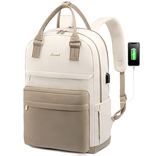 LOVEVOOK Laptop Backpack for Women, 17.3 Inch Laptop Bag with USB Port Fashion Waterproof Backpacks Teacher Nurse Stylish Travel Bags Vintage Daypacks Bookbag for College School Work - color: Khaki & Pinkish Beige, size: 17.3 Inch