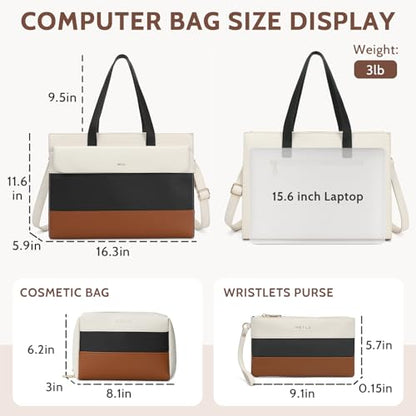 Keyli 3pcs Laptop Bag for Women 15.6 Inch Leather Work Tote Bags Professional Business Office Computer Shoulder Briefcase - color: Sets-black-white-brown