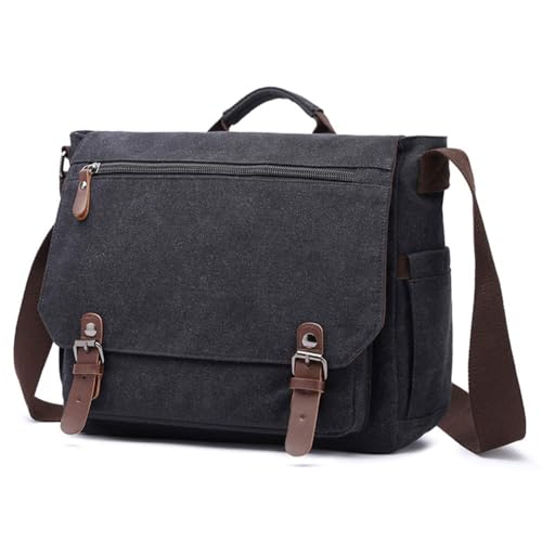 Vintage Genuine Leather Waxed Canvas Briefcase Large Satchel Shoulder Bag Rugged Computer 15.6" Laptop Bag - color: Black-2