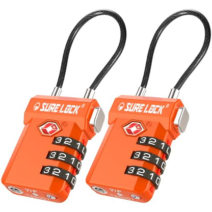 SURE LOCK TSA Approved Luggage Locks with Open Alert Indicator, 3 Digit Combination Cable Travel Lock for Suitcase, Backpack, Gym Locker, Toolbox, Carry On & Travel Bag - color: ORANGE 2 PACK