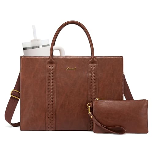 LOVEVOOK Laptop Tote Bag for Women Teacher Work, Vintage Leather Briefcase | Professional Computer Bag For Business Office, Large Cup Holder Inside, Matching Clutch, Fits 15.6 Inch Laptop, Gifts Ideal - color: Brown, size: 15.6 Inch