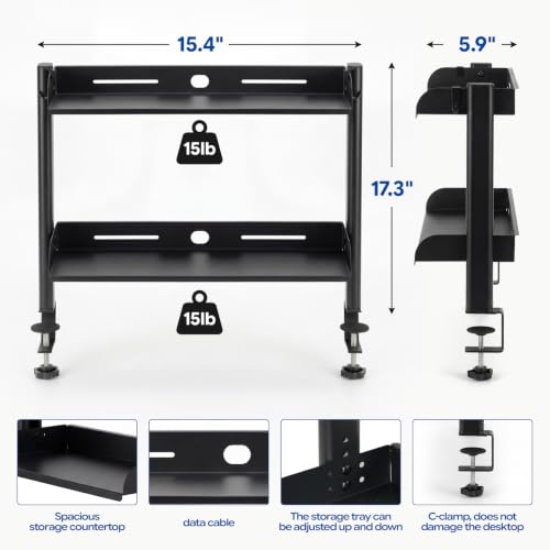 2-Tier Carbon Steel Clamp-On No Drill Desk Storage Organizer Shelf | C-clamp mounting without drilling; adjustable lower shelf holds up to 30 lbs for gaming & office supplies