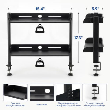 2-Tier Carbon Steel Clamp-On No Drill Desk Storage Organizer Shelf | C-clamp mounting without drilling; adjustable lower shelf holds up to 30 lbs for gaming & office supplies