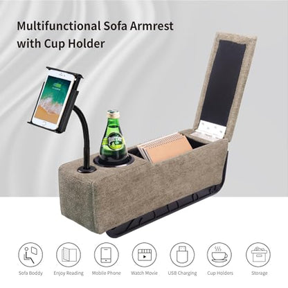Multifunctional Sofa Armrest, Couch Armrest with Wireless Charge Stand, Removable Couch Caddy with Storage,Including LED Reading Light - color: Latte, size: Fabric-1 CUP