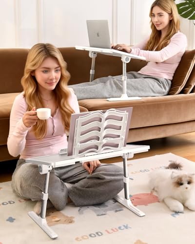 Lap Desks Laptop Desk for Bed, Adjustable Height and Angle Lap Desks for Adults, Lap Desk with Bookshelf for Bed Couch Floor Writing Working Reading Eating Painting, White