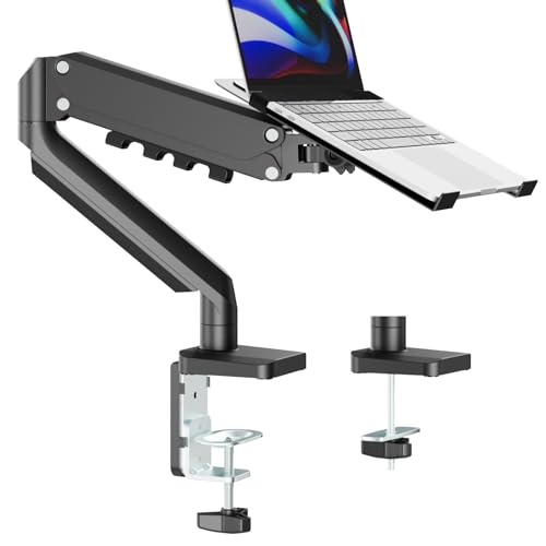 2-in-1 Gas Spring Laptop Desk Mount for 12"-17" Notebook/13"-32" Monitor | Full Motion Adjustable Laptop Desk Stand with Tray, Holds 3.3-17.6lbs, VESA 75/100MM, Clamp-on and Grommet Base
