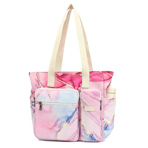 Women Tote Bag With Muti-Pockets,Lightweight Shoulder Bag,Large Capacity Handbag for Travel, Work, Gym - color: Pink Marble