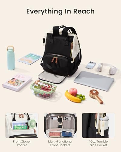 LOVEVOOK Lunch Backpack for Women, 15.6 Inch Laptop Backpack with Insulated Lunch Compartment, Built-in Cooler Work Bag, Wide Open Computer Backpack with Tumbler Holder, Water-Resistant Nurse Teacher