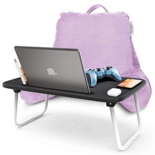 Nestl Reading Pillow with Portable Laptop Lap Desk, Velvet Feel Back Pillow for Sitting in Bed, Shredded Memory Foam Back Support Pillow for Bed, Bed Rest Pillow with Arms, Small - Lavender