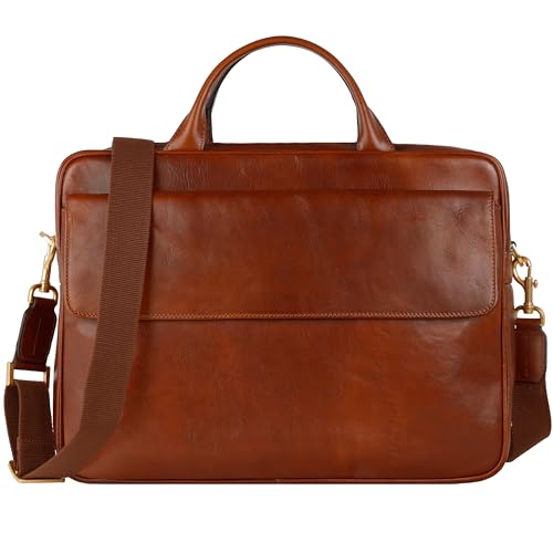 Time Resistance Leather Briefcase - Italian Handmade Leather Laptop Bag - Handbag for Men - Professional Computer Case - color: Cognac Brown