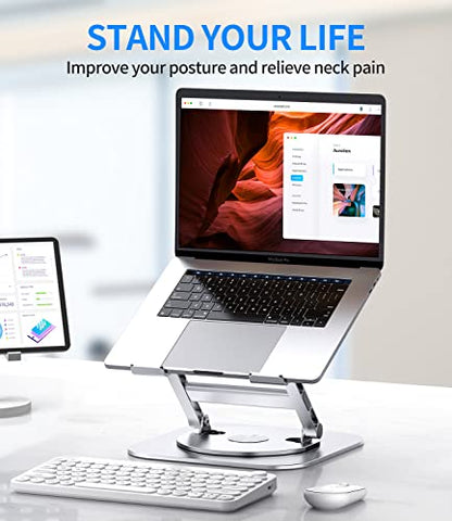 AOEVI Adjustable Laptop Stand with 360 Rotating Base, Stable Computer Stand for Laptop Ergonimic Foldable Laptop Riser for Desk Compatible with MacBook Pro/Air Notebook up to 16 Inches, Silver - color: Silver