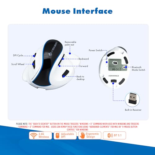 J-Tech Digital Wireless Mouse, Vertical Ergonomic Mouse with Bluetooth Dual Modes + USB Dongle + Rechargeable w/ 2.4GHz Wireless + Adjustable DPI 3200 for Laptop, Desktop, PC, Mac [V638W], White