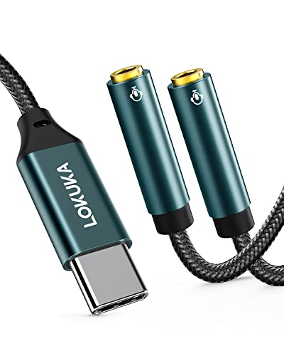 USB C to Dual 3.5mm Female Headphone Splitter, Type C to AUX TRRS 2-in-1 Audio Adapter with Hi-Res DAC Chip, for USB-C Smartphone, Laptop, Pad to Two Headphones, Speakers, TRRS Microphones - color: Green, size: 1 FT