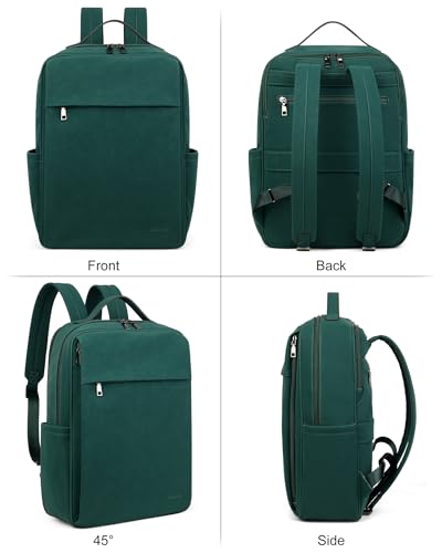 MASINTOR 15.6 inch PU Leather Laptop Backpack Purse for Women | College Laptop Backpack, Spacious Main Compartment, Luggage Strap & Padded Sleeve, Ideal for Campus, Commute & Travel - color: Retro Green