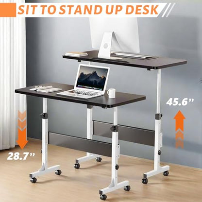 Rolling Desk Adjustable Height,Portable Laptop Desks,Small Standing Desk with Wheels for Home Office (31.50 * 15.75,Black) - color: Black