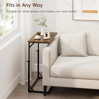C Shaped End Table with Charging Station, Large C-Table End Table Adjustable Height Side Table for Couch, Couch Table Slide Under Sofa Table TV Tray Table for Sofa, Living Room, Bedroom,Brown - color: Rustic Brown, style: With Plug