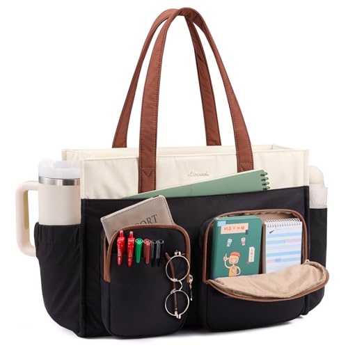 LOVEVOOK Teacher Tote Bag for Women,Multi-pocket Laptop Bag with Large Cup Holder,Nurse Bags Work Travel Computer Handbag - color: Black Cream Brown, size: 15.6 inch