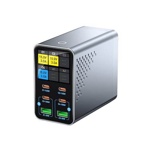140W 6-Port (4 USB C+2 USB A) GaN Fast Charging Station, Compact Charger Hub with TFT-LCD Display for MacBook, iPhone, iPad, Samsung, Laptop, Tablet - Black