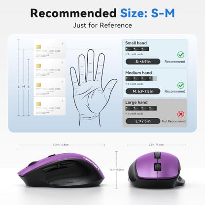 TECKNET Wireless Mouse for Laptop, Dual-Mode Bluetooth Wireless Mouse | (BT5.2/3.0 & 2.4G) Connection, Ergonomic Design, 5-Level DPI, Silent Click, Compatible with Laptop/PC/Windows/Chromebook - color: Purple