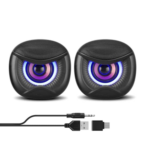 Elimavi USB Computer Speakers, 3.5mm Aux Speaker and USB Powered Interface are Suitable for Desktop Laptop Monitor, Owl Eye Design, Includes a USB-C Adapter, Blue Lights - style: Blue light