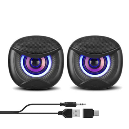 Elimavi USB Computer Speakers, 3.5mm Aux Speaker and USB Powered Interface are Suitable for Desktop Laptop Monitor, Owl Eye Design, Includes a USB-C Adapter, Blue Lights - style: Blue light