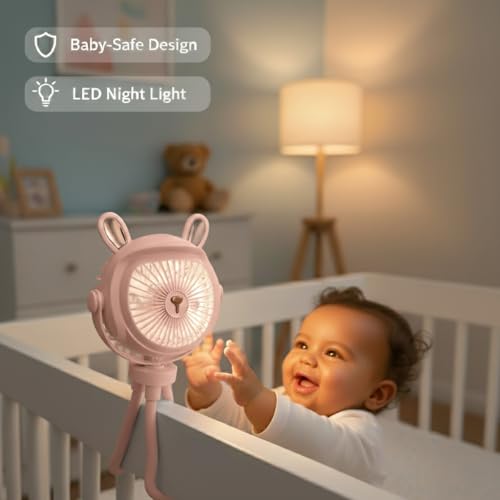Stroller Fan for Baby with LED Light – Portable Clip-On Fan with Flexible Tripod Legs, USB Rechargeable, 3 Speeds, 120 Minutes Battery Life, Quiet Cooling for Travel, Nursery & Car Seat - color: PINK