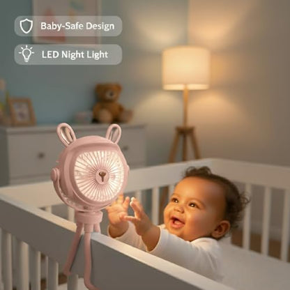 Stroller Fan for Baby with LED Light – Portable Clip-On Fan with Flexible Tripod Legs, USB Rechargeable, 3 Speeds, 120 Minutes Battery Life, Quiet Cooling for Travel, Nursery & Car Seat - color: PINK