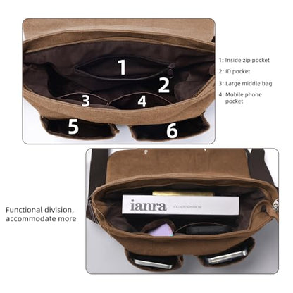 Messenger Bag for men Laptop Bag UnisexRetro Canvas Bag14-15.6 inches Casual single shoulder bag For Work College Travel - color: S-brown