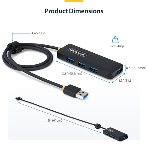StarTech 4-Port USB-A Hub 5Gbps with 2ft/61cm Cable, Dell (H5A4A-USB-HUB-2) | SuperSpeed 5Gbps, 4 USB-A adapter, USB Powered portable, Plug-and-play, MacBook, Chromebook, PC, Peripheral devices - size: 2 ft, style: USB-A