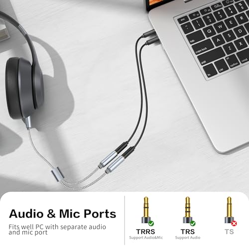 YACSEJAO Headphone and Mic Splitter 2Pack 3.5 mm y Splitter 1/8 Inch 1 Male to 2 Female Headphone Microphone Audio Braided Adapter（Grey + Black）