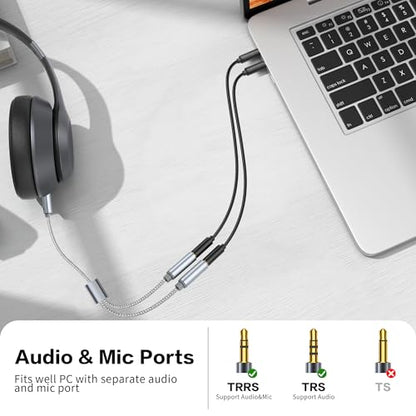 YACSEJAO Headphone and Mic Splitter 2Pack 3.5 mm y Splitter 1/8 Inch 1 Male to 2 Female Headphone Microphone Audio Braided Adapter（Grey + Black）