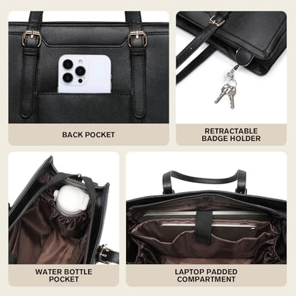 Keyli 4pc Sets Laptop Bag for Women Large Leather Laptop Briefcase with USB Charging Port Computer Shoulder tote Bags Purse - color: 3pc-black