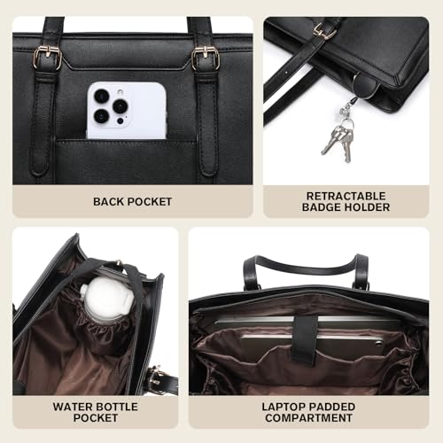 Keyli 4pc Sets Laptop Bag for Women Large Leather Laptop Briefcase with USB Charging Port Computer Shoulder tote Bags Purse - color: 3pc-black