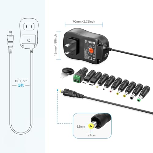 Belker 45W Universal 5V 6V 7.5V 9V 12V 13.5V 15V AC Adapter with USB C tip | DC Power Supply for LCD LED Strip Light Router CCTV Camera - 1A 2A 3A 3000mA Max - Fast USB Charging Port 5V 2A - size: 45w 5-15v 3a w/USB