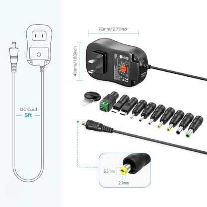 Belker 45W Universal 5V 6V 7.5V 9V 12V 13.5V 15V AC Adapter with USB C tip | DC Power Supply for LCD LED Strip Light Router CCTV Camera - 1A 2A 3A 3000mA Max - Fast USB Charging Port 5V 2A - size: 45w 5-15v 3a w/USB