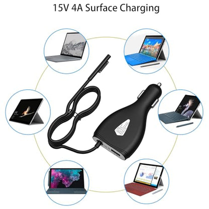 Surface Car Charger, 70W 15V 4A Power Supply | for Microsoft Surface Pro 5/Pro 6/Pro 7/Pro 8/Pro X, Surface Book, Surface Go, Surface Laptop with 5V 2A USB Charging Port