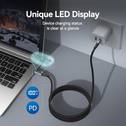 USB C to USB C Cable 100W with Real Time LED Display PD Fast Charging USB C Cable Braided 6.6ft for iPhone 16/15/15 Pro/15 Plus/15 Pro Max,iPad Air Pro,MacBook Pro,Galaxy S24/S24+/S23 (Grey)