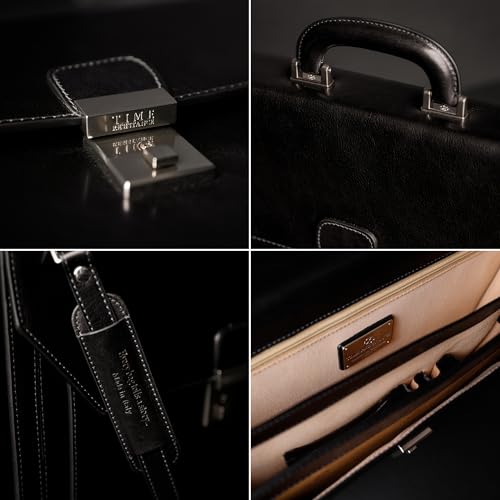 Time Resistance Leather Briefcase - Italian Handmade Laptop Bag - Work Bag for Men and Women - Attache - Computer Bag - color: Black