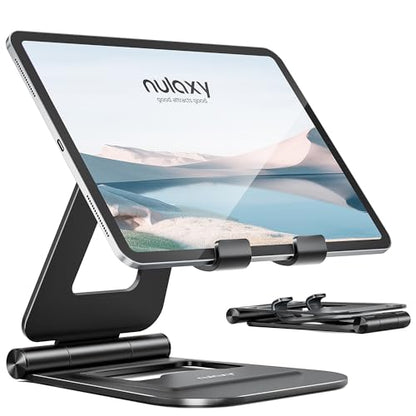 Nulaxy Dual Adjustable Foldable iPad Stand, Full Aluminum, Stable Support | Desktop Tablet Holder, Tablet Accessories for Office Kindle Compatible with All Mobile Devices, Ipads and Phones - color: A-Black
