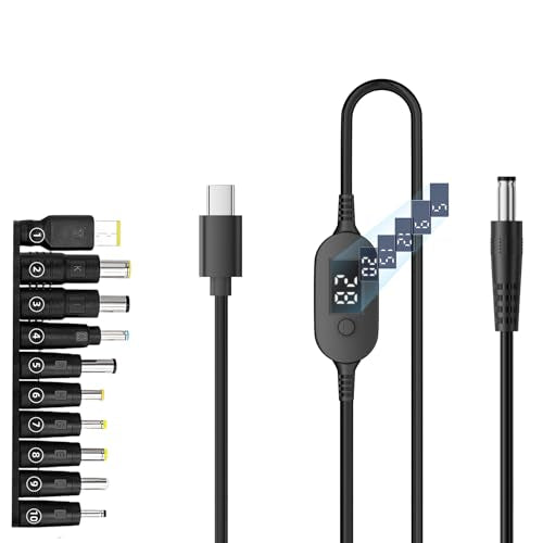 100W PD Power Charger USB-C to DC Adjustable PD Cable with Digital Display, 40 Inches, Black, Multiple Voltage Settings, Male to Male DC 5V 9V 12V 15V 20V Adapter Cable (Default +10-in-1 DC Tip) - style: Default +10-in-1 DC Tip