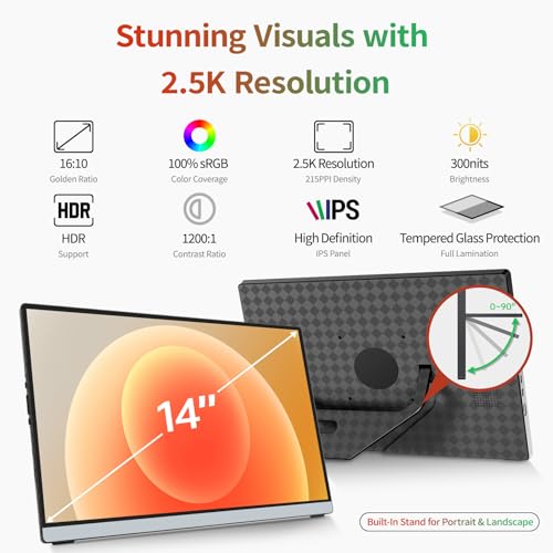Intehill 2.5K Portable Monitor Touchscreen, 14" Portable Touch Screen for Laptop 2560x1600, 16:10 Travel Monitor with Tempered Glass, 100% sRGB USB & HDMI Portable Display with Stand & Speaker, Q14ZT - color: Space Gray