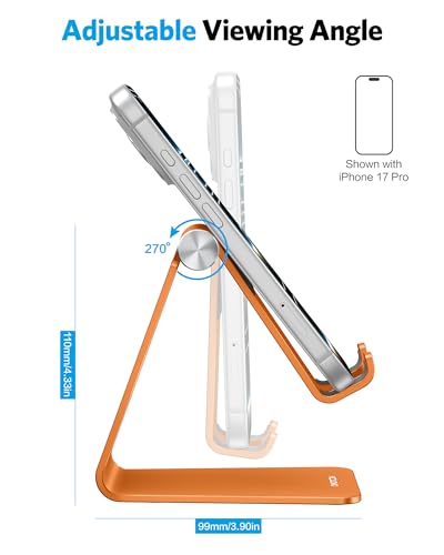 OMOTON Adjustable Cell Phone Stand, Aluminum Desktop Cellphone Stand with Anti-Slip Base and Convenient Charging Port, Fits All Smart Phones, Orange | Sturdy 3mm Aluminum, Charging Port, 270° Adjustable, Non-Slip Silicone Pads, Works with Thick Cases, for
