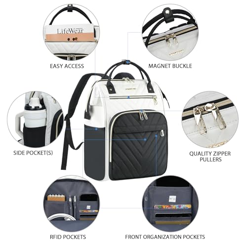 VANKEAN 15.6 Inch Laptop Backpack for Women Large Capacity Waterproof Daypack - color: Beige/Black, size: 15.6 Inch