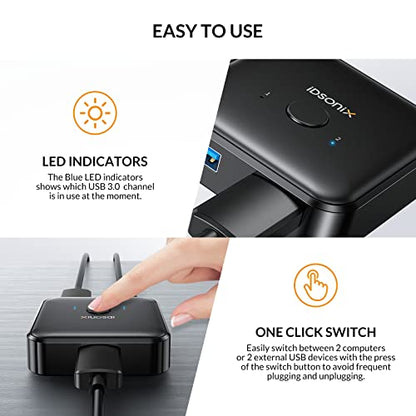 IDsonix USB 3.0 Switch 2 Computers Share 1 Device,1 in 2 Out Or 2 in 1 Out Bi-Directional for Printers/Keyboards/Mice, 5Gbps Plug and Play Switcher, 2pcs A to A 3.3ft Cables,Plastic,Black - style: ABS