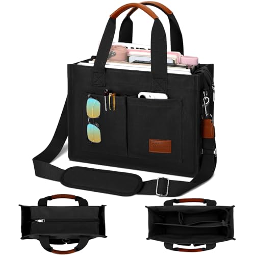 KKXIU Large Canvas Tote Bag for Women with Zipper and Compartments Crossbody Work Bible Messenger Purse Bag With Pockets - color: Black, size: Large