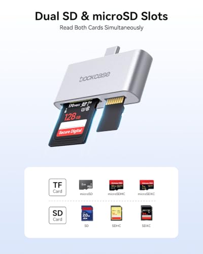 DOCKCASE USB-C SD Card Reader for iPhone 17/16/15 Series, Dual Slot USB 3.0 SD & microSD Card Adapter, Up to 170MB/s, Simultaneous Card Access for Camera, Drone, iPad Pro, MacBook & Android (Silver) - color: Silver