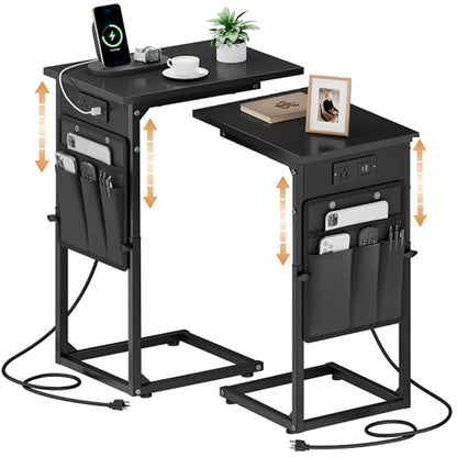 Vagusicc C-Shaped End Tables Set of 2 with Charging Station, 33'' Tall C Table Adjustable Height Side Table, Sofa Table for Couch, Couch Table that Slide Under Sofa, TV Trays for Living Room, Black - color: 2pc Black, style: With Plug