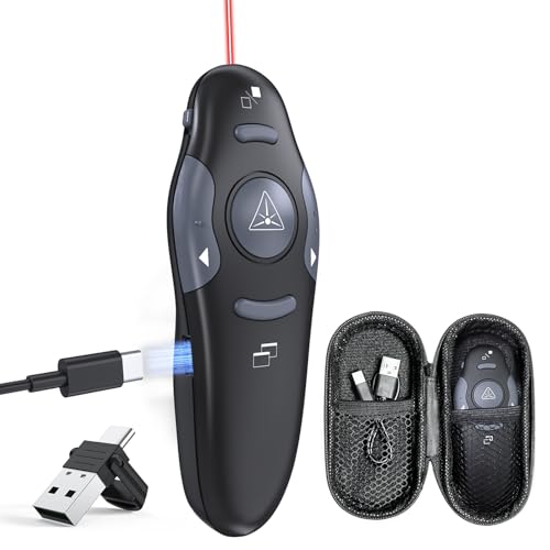 Presentation Clicker with Storage Case, USB C Rechargeable Wireless Presenter Remote Powerpoint Clicker with Protective Case - style: Red Light+Case