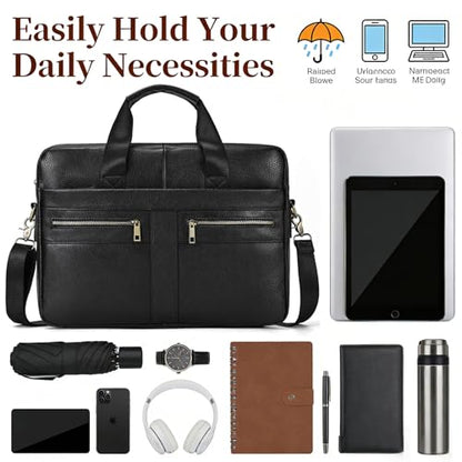 Leather Laptop Bag for Men Briefcase Fits 15.6 Inch Notebook Portable Shoulder Messenger Crossbody Bag for Travel Office - color: 16black